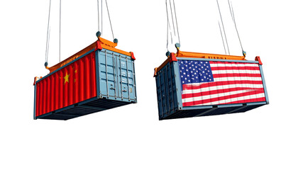 Two shipping containers, one China flag, one USA flag, suspended by cranes