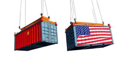 Two shipping containers, one China flag, one USA flag, suspended by cranes