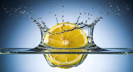 Lemon slice splashing into water with droplets and reflection on a blue gradient background