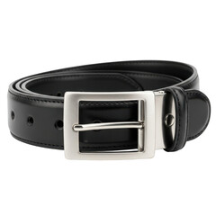 Classic black leather belt with silver buckle isolated on transparent background