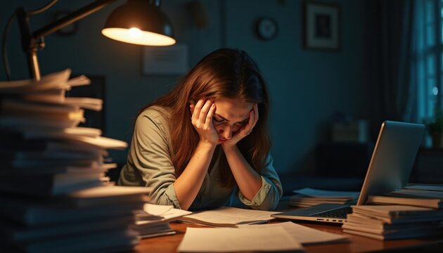 Young woman works late at desk, overwhelmed by huge stacks of paperwork, computer tasks. Feels stress, burnout, fatigue from hard work. Deadline pressure causes anxiety, mental health struggles, pro - Powered by Adobe