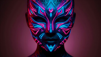 Naklejka premium Neon Masked Portrait with Geometric Patterns
