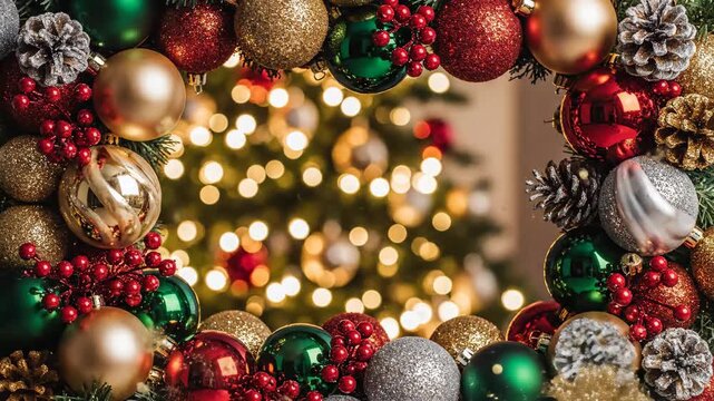 Christmas Ornaments Frame - A festive frame of Christmas ornaments and pine cones surrounds a blurred Christmas tree with twinkling lights.