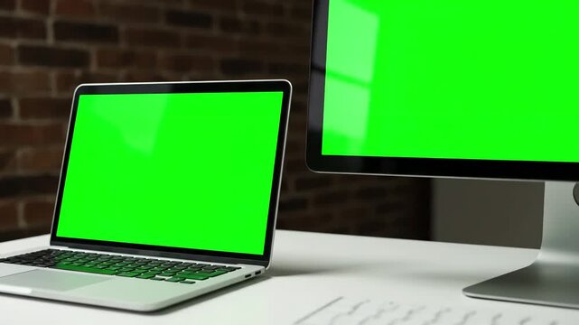 Green Screen close up display computer desktop with mock on white table slow motion laptop desk and brown brick wall background blank of mockup notebook pc chroma key monitor scene 4 distortion
