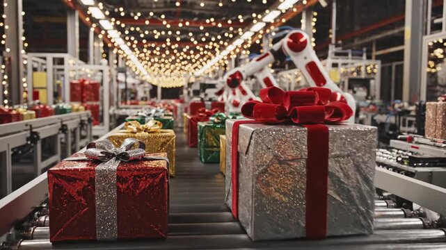 Christmas Gift Production Line - This video shows a festive factory setting where brightly wrapped Christmas presents move along a conveyor belt.