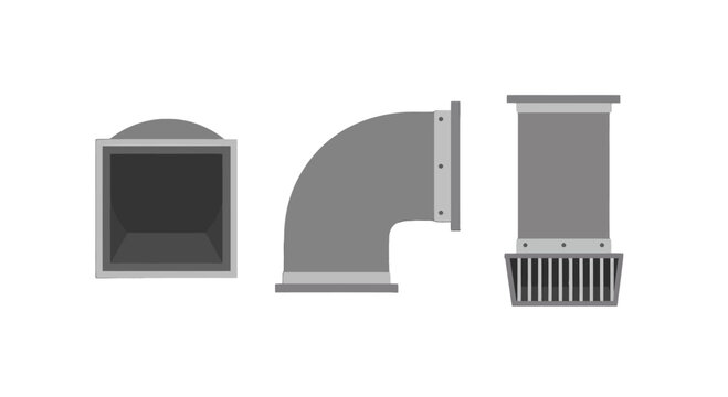 Set of three grey industrial HVAC ductwork components including an elbow and a grated vent.