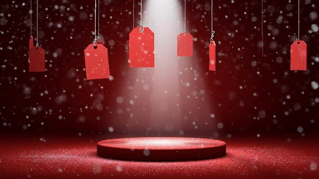 Red sale tags hanging from strings under spotlight on snowy red stage with bokeh lights. Festive New Year promotion setup with dramatic lighting and winter particles. Elegant discount scene, copy spac