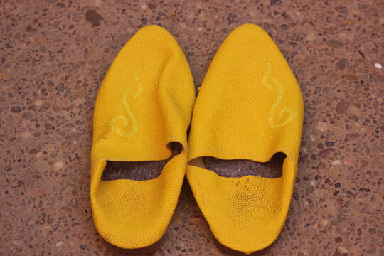 Yellow traditional Moroccan slippers known as babouche 