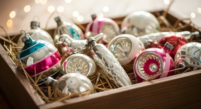 Collection of vintage christmas ornaments in a wooden crate with bokeh lights