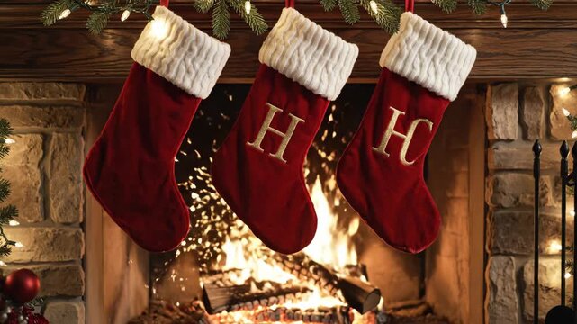 Christmas Stockings Hanging by a Fireplace - Three red Christmas stockings with white cuffs hang in front of a cozy fireplace with burning logs.