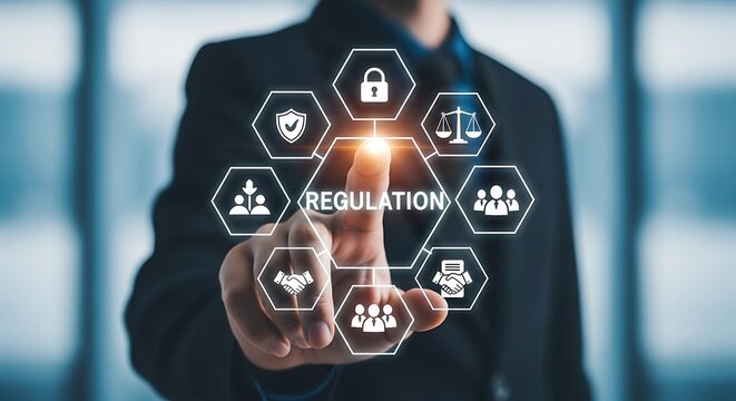 Businessman touching a digital screen with icons representing regulation and compliance in business and law