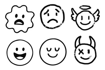 Hand drawn doodle emoticons set. Chalk or marker style faces with various expressions isolated on transparent  Marker style faces with various expressions isolated on white background 