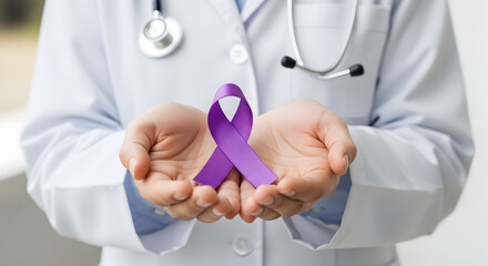 Doctor holding purple ribbon for awareness of lupus, pancreatic cancer, alzheimers disease