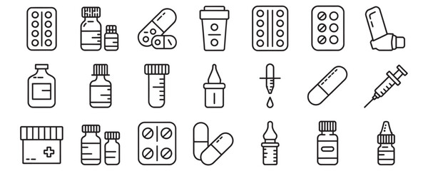 Modern line art of medicine and healthcare essentials for pharmacy visuals, treatments, and wellness promotions with a clean, professional look