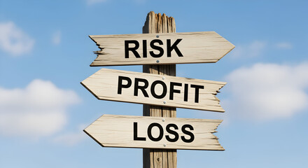 Wooden signpost with the words risk, profit and loss against a blue sky background