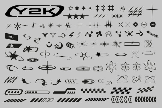 Y2K vector shapes set. Futuristic and retro geometric symbols including stars, atomic, orbits, sparkles, and abstract tech elements. Perfect for digital design, stickers, and social media graphics.