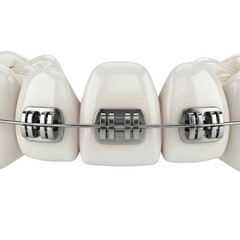 Close up of white teeth with metal braces and wire isolated on transparent background