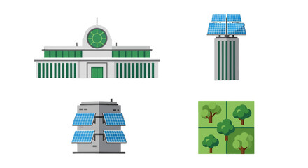 Sustainable Energy and Green Environment Flat Vector Illustrations Set.