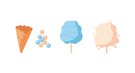 Sweet Treats Flat Vector Set Waffle Cone Boba Pearls Blue and Peach Cotton Candy on Sticks.
