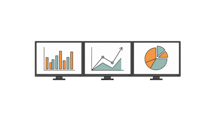 Three monitors displaying colorful bar line and pie charts in a simple illustration style.