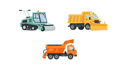 Three Cartoon Construction Vehicles Snowcat Yellow Snowplow Truck Orange Dump Truck.