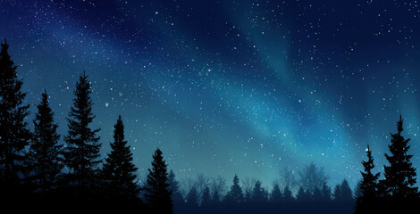 Night sky filled with stars and northern lights, silhouetted evergreen trees create a serene landscape, showcasing the beauty of nature and the cosmos in harmony