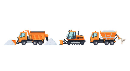 Three Orange Winter Service Vehicles Snowplow Bulldozer and Salt Spreader.