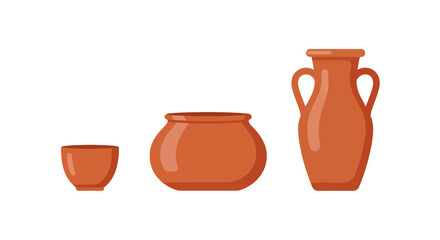 Three Simple Terracotta Pottery Vessels in Various Shapes and Sizes.