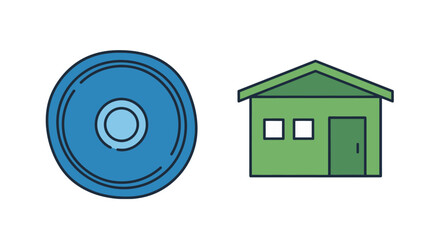 Vibrant blue data disc and simple green house icon illustration with clean lines.