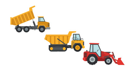 Vibrant flat design construction vehicles yellow dump trucks with raised beds and tracks red front loader.
