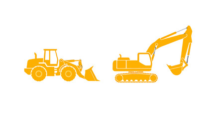 Vibrant orange heavy construction machinery silhouettes wheel loader and excavator.