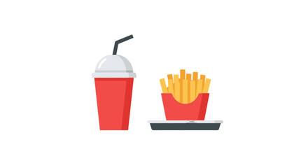 Vibrant red soda cup with straw and golden french fries in a matching red carton on a dark tray.