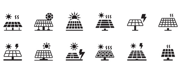 Explore a dynamic set of modern solar panel icons, perfect for illustrating sustainable energy solutions and renewable power initiatives in your designs