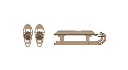 Vintagestyle wooden sled with slatted seat and a pair of traditional snowshoes winter sports equipment.