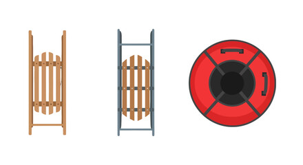 Winter Sleds and Tube Classic Wooden Sled Metal Sled and Red Inflatable Snow Tube.