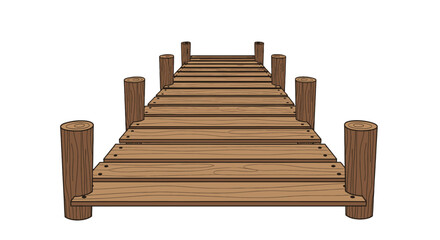 Wooden Pier with Vertical Support Pillars Perspective View Isolated.