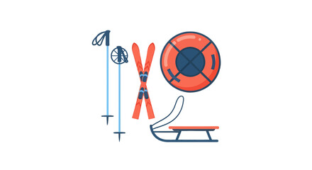 Winter Sports Equipment Skis Poles Sled and Tube for Snow Fun.