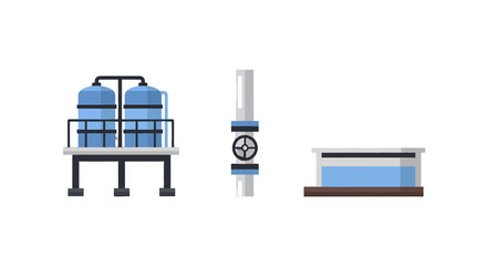 Water Treatment Plant Elements Tanks Pipe and Reservoir Illustration.