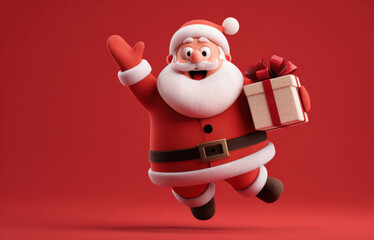 Cheerful Santa Claus character in red suit, waving joyfully while holding a beautifully wrapped gift, embodying the spirit of Christmas celebration and holiday cheer