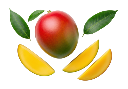 A vibrant red-orange-green whole mango, juicy yellow slices, and fresh green leaves on a transparent background, high-key studio shot, healthy tropical fruit concept.