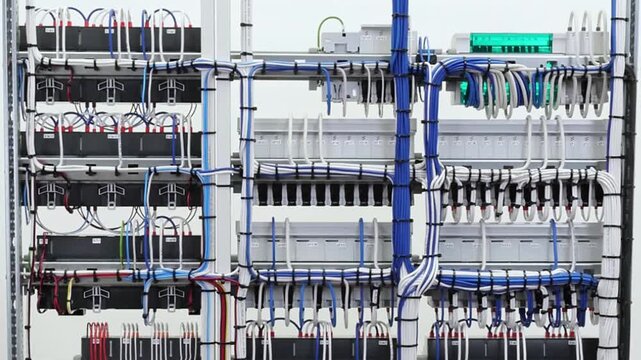 The reverse side of the electrical switchboard. The connected wires are tied with plastic ties.