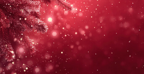 Evergreen tree branches adorned with sparkling snowflakes and soft bokeh lights, creating a festive atmosphere against a vibrant red background, perfect for holiday celebrations