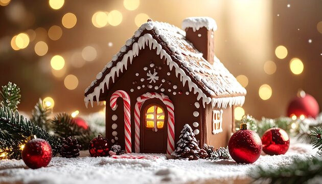 Casa de jengibre (o de chocolate) comestible con un fuerte ambiente navide&ntilde;o.