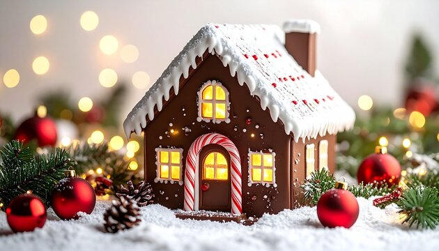 Casa de jengibre (o de chocolate) comestible con un fuerte ambiente navide&ntilde;o.