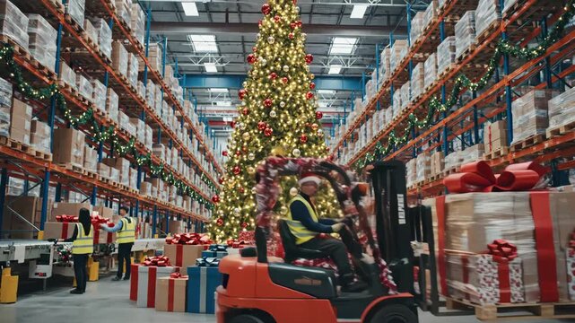 Holiday Season Warehouse Operations - A festive warehouse scene shows a worker in a Santa hat operating a forklift, moving a pallet loaded with Christmas presents.