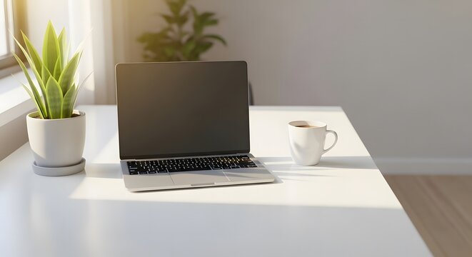A laptop and coffee mug on a white desk with a plant near a window in a bright room setting indoors