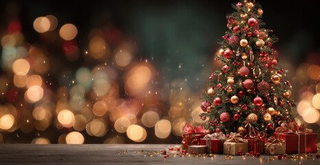 Christmas tree adorned with colorful ornaments and twinkling lights, surrounded by beautifully wrapped gifts, creating a festive holiday atmosphere with bokeh background