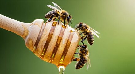 Close up of honey bee on wooden honey dipper with dripping honey against green background