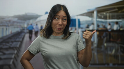 Woman points thumb toward cruise deck railing while smiling and looking sideways; playful...