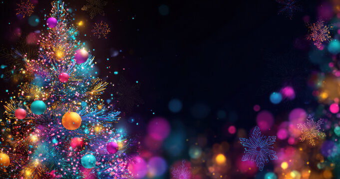 Colorful Christmas tree adorned with vibrant ornaments and sparkling lights, creating a festive atmosphere with a blurred background of holiday bokeh and snowflakes, perfect for seasonal celebrations